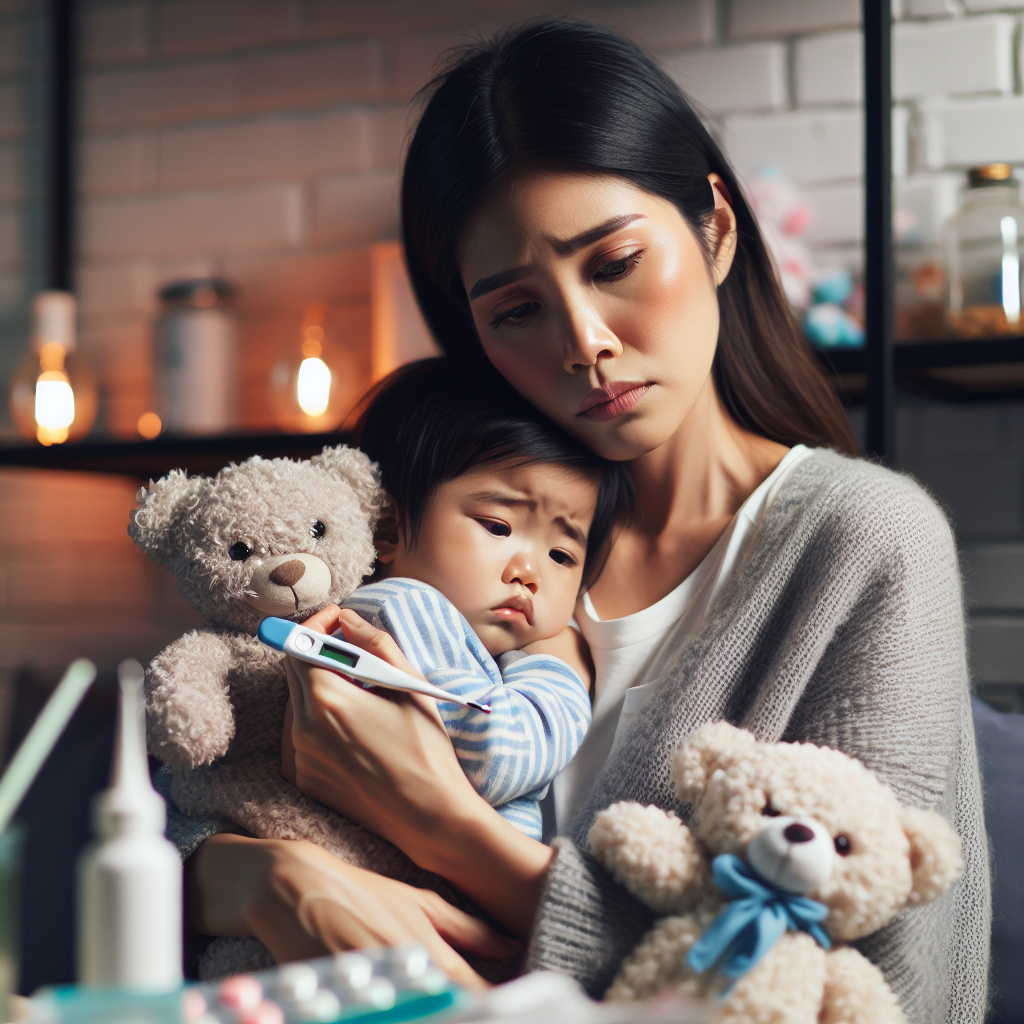 Un parent préoccupé tenant un bébé malade avec des fournitures médicales à proximité.