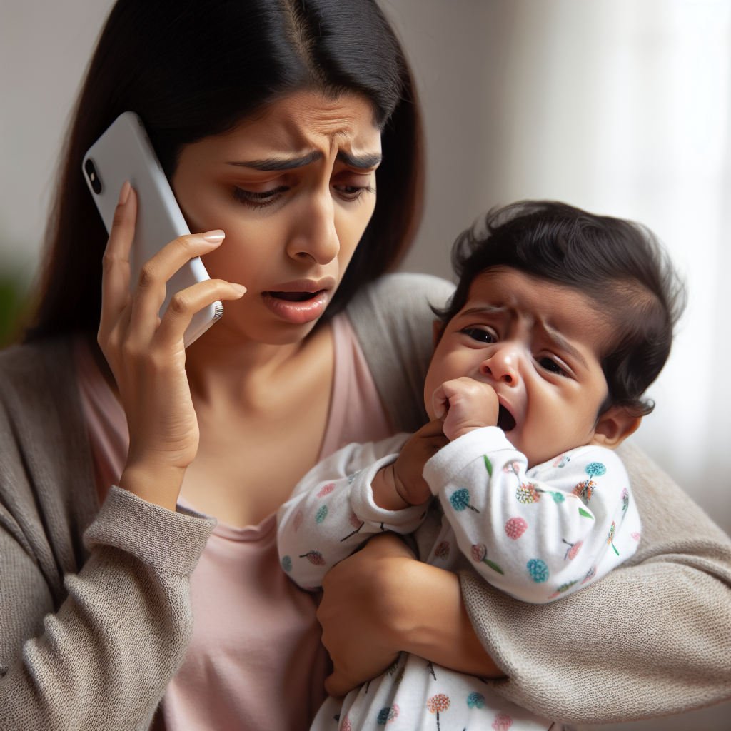 Un parent inquiet tenant un bébé au téléphone, le bébé montrant des signes de détresse comme la toux et la bave