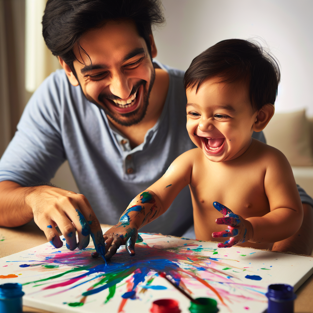 Un père et son enfant de 2 ans jouent avec de la peinture à la maison; l'enfant rit et s'amuse.