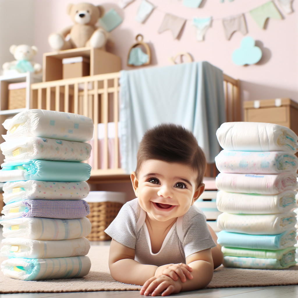 Piles de couches pour bébé dans une chambre d'enfant avec un bébé souriant à proximité.