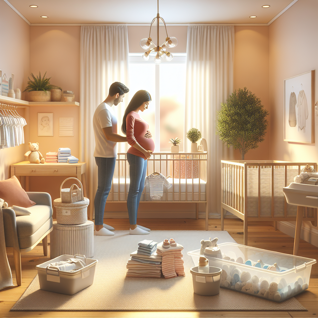 Des parents préparent une chambre de bébé confortable avec un berceau, une table à langer et des habits de bébé. Des repas prêts à réchauffer sont organisés et un espace de change ergonomique est mis en place.