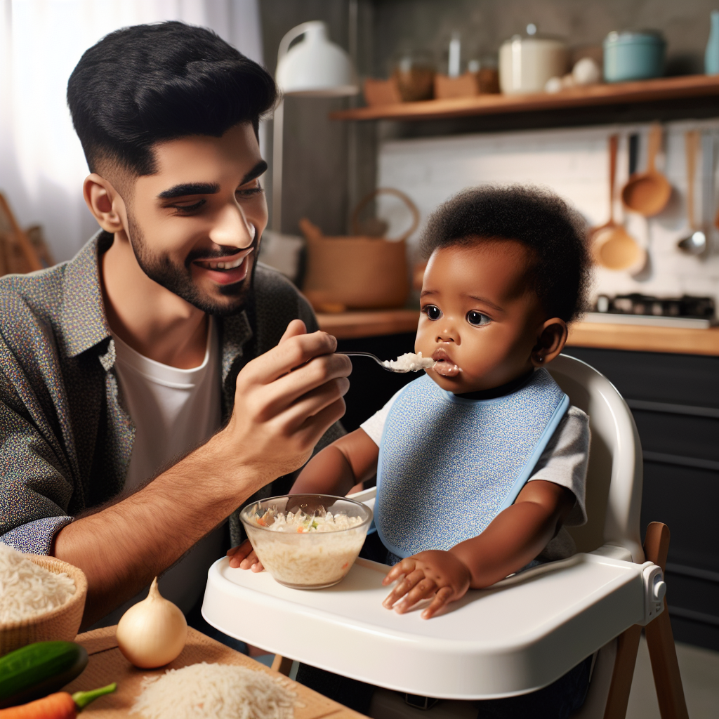 Un parent nourrit un bébé avec une cuillère de purée de riz dans une cuisine, avec du riz et des légumes autour pour illustrer le processus de préparation.