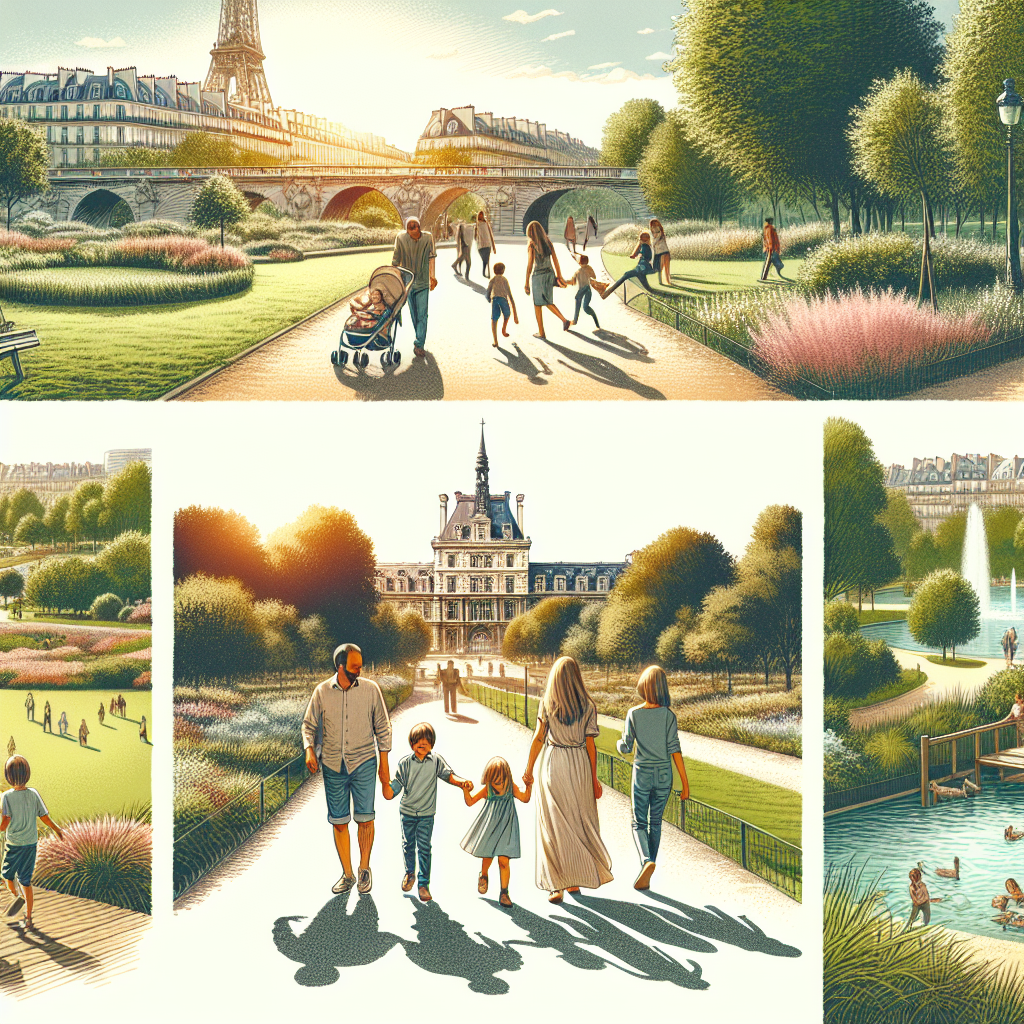 Familles se promenant dans les parcs et jardins de Paris, avec allées larges, pelouses, aires de jeux, bassins, ponts, et cascades.