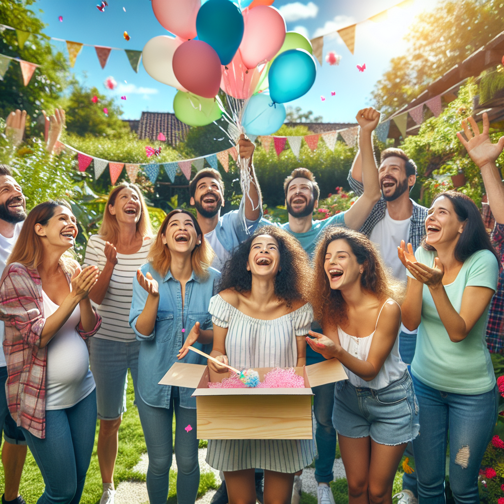 Annonciation du sexe du bébé avec des ballons colorés dans un jardin ensoleillé