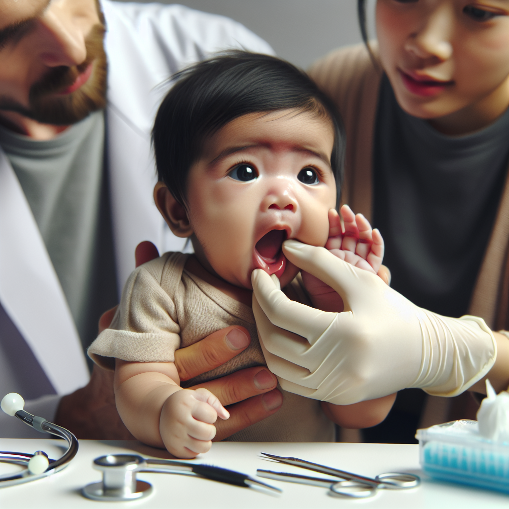 Un bébé avec une petite plaie à l'intérieur de la bouche, montrant les parents traitant la plaie doucement et prudemment.