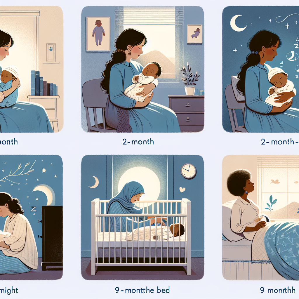 Illustration des différentes stratégies de sommeil pour un bébé : d'un mois avec des parents le berçant, de deux mois dans son berceau, et de neuf mois dormant dans son lit