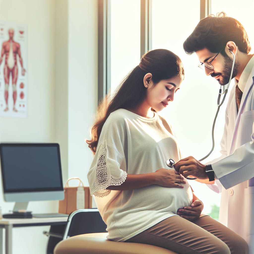 Un cabinet médical avec une femme enceinte qui est examinée par un médecin attentif et professionnel. L'environnement est chaleureux et confortable, avec des équipements médicaux en arrière-plan.