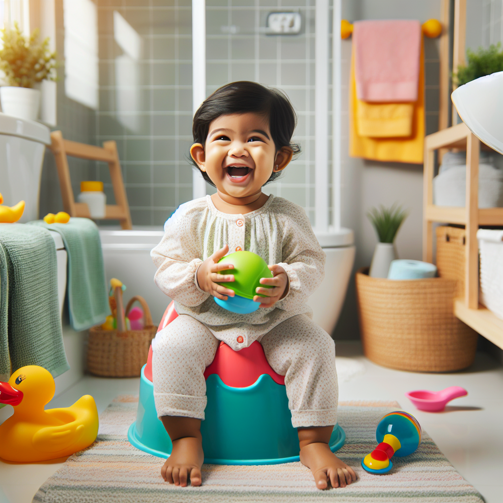 Bébé assis sur le pot dans une salle de bain, heureux et confortable.