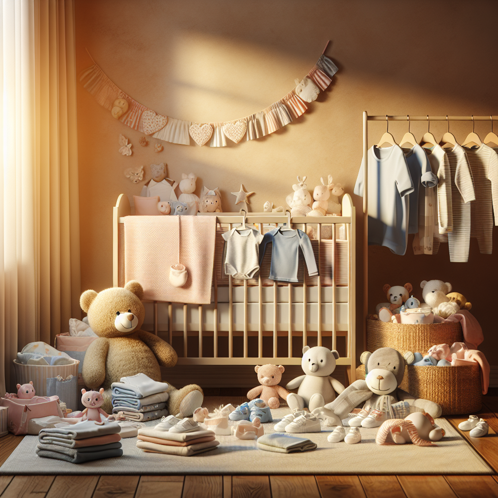 Une chambre de bébé confortable avec un berceau rempli de vêtements de taille 0 mois, des couches et des jouets doux.