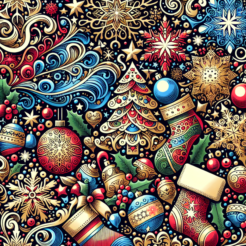 Papier de qualité avec motifs de Noël, encre colorée et décorations créatives comme des autocollants et des dessins.