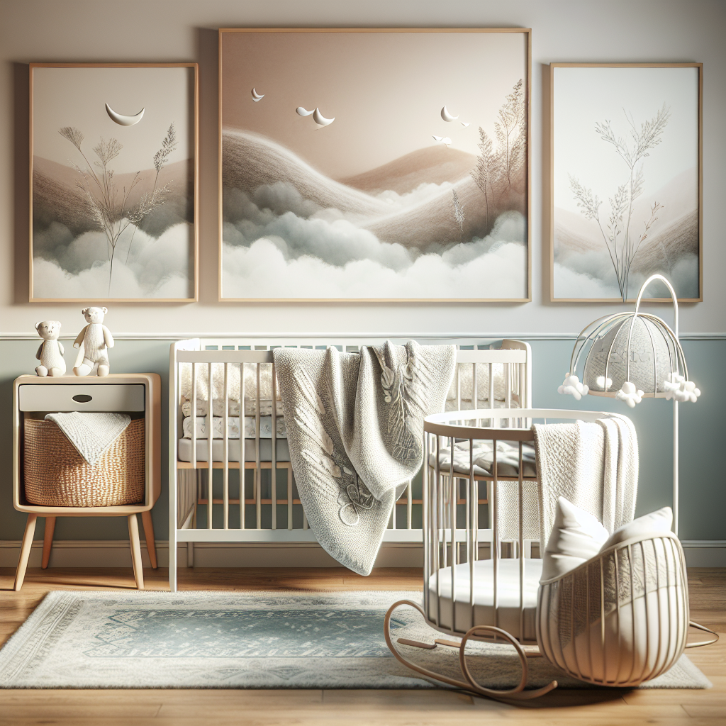 Une scène de chambre de bébé avec une petite couverture de 60x80 cm sur un berceau et une grande couverture de 90x120 cm sur un lit de bébé. Les couvertures semblent douces et légères.