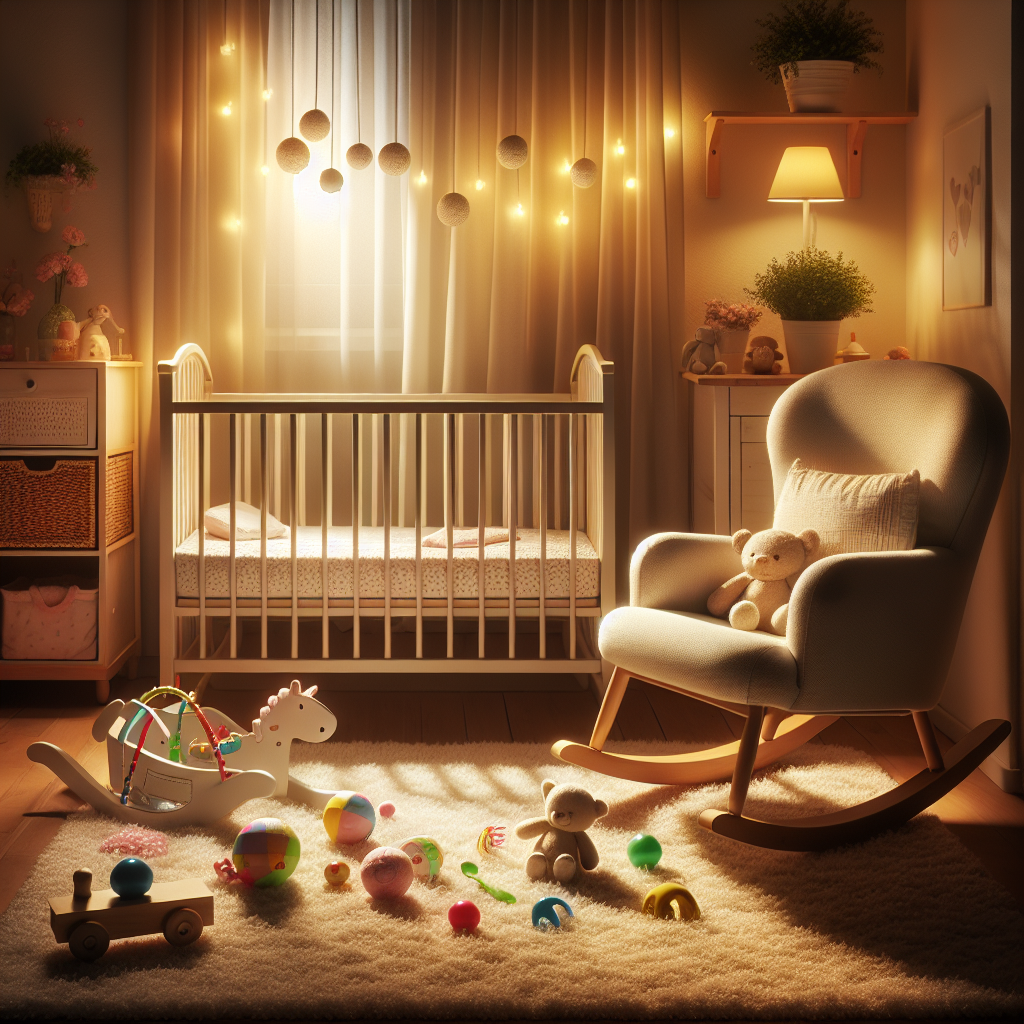 Une chambre de bébé bien éclairée avec une lumière douce et chaleureuse, comprenant un berceau, une chaise à bascule et des jouets.