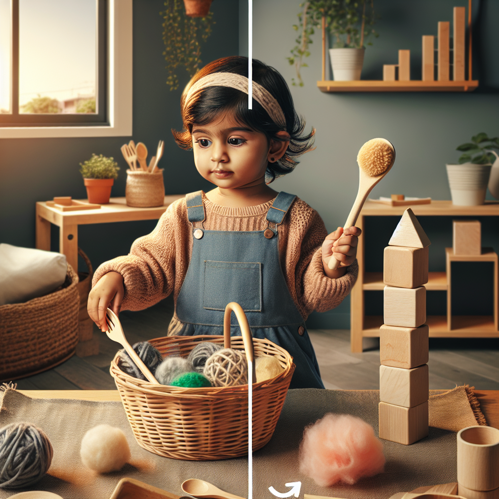 Un enfant engage dans des activités Montessori à la maison, explorant un panier de tresors avec des objets du quotidien et empilant des blocs.