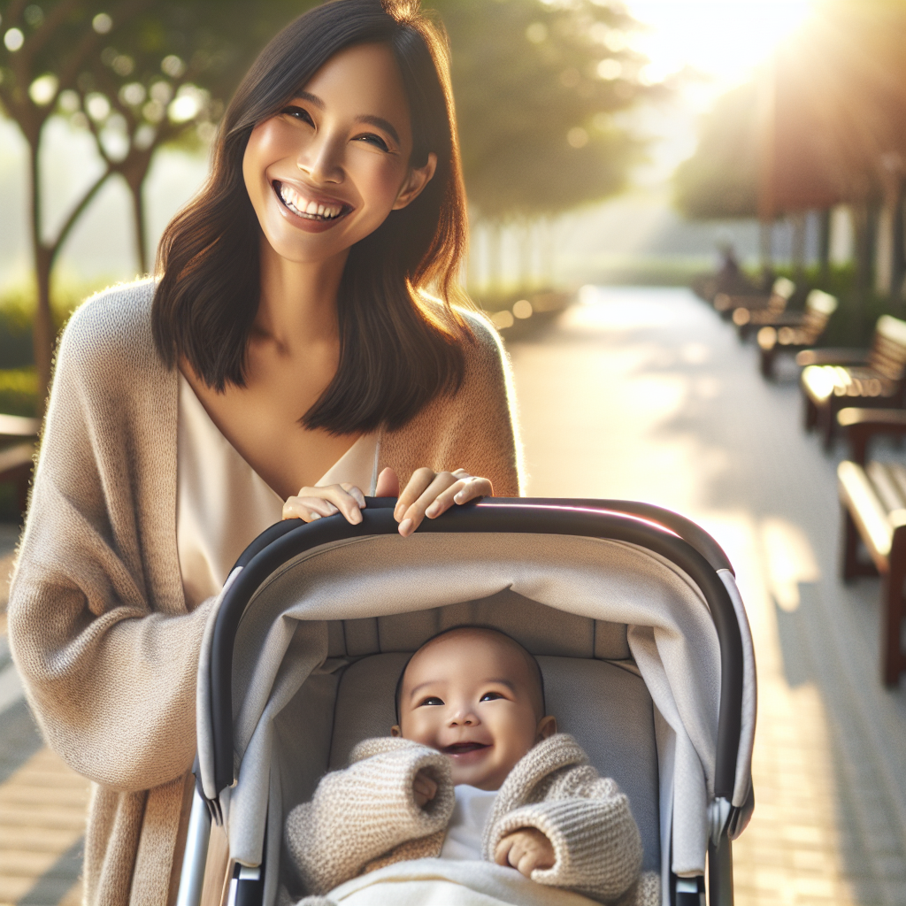 Une mère balade son bébé dans une poussette bien aérée sous un soleil agréable, avec une couverture légère et un cardigan.