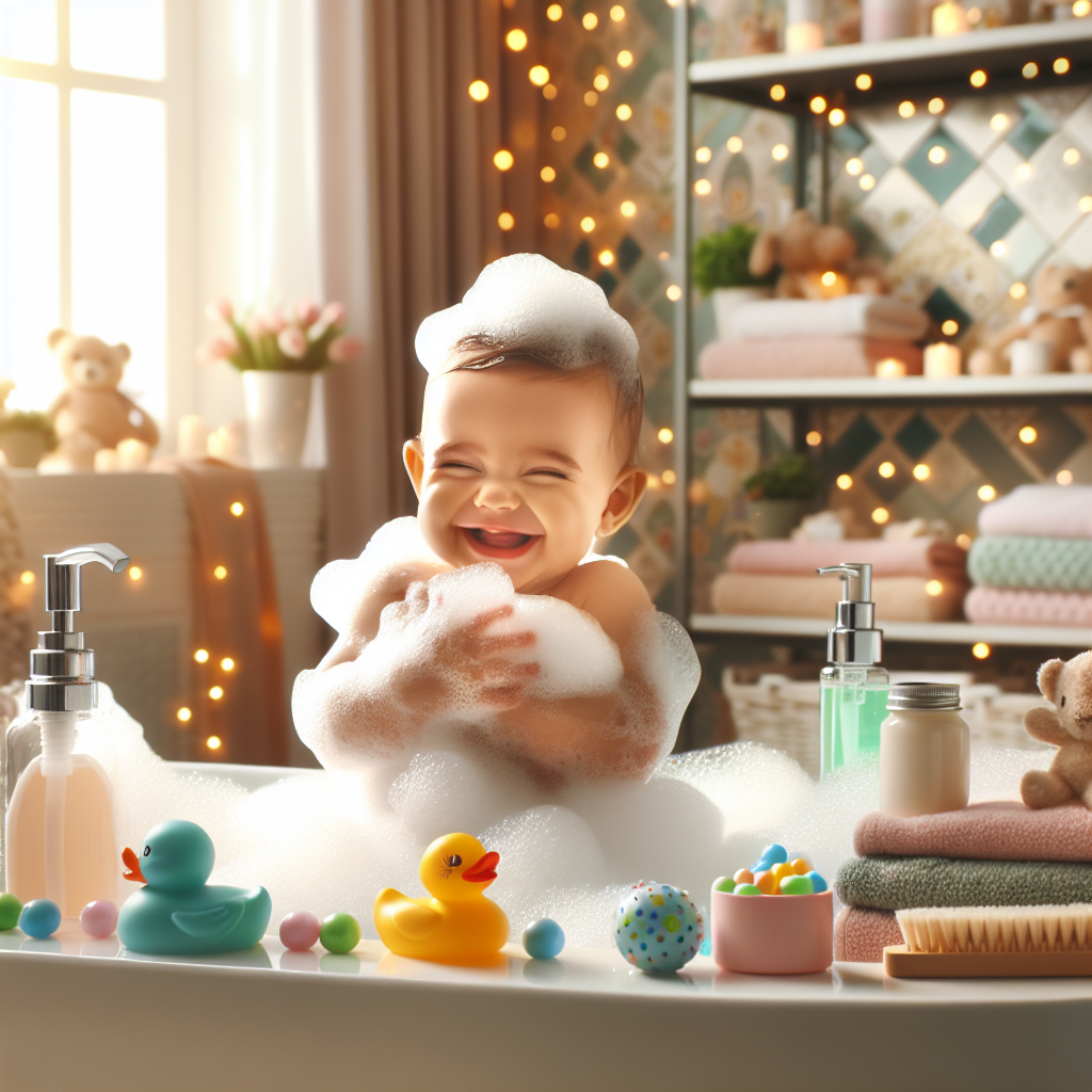 Un bébé souriant prenant un bain avec du savon naturel dans une salle de bain lumineuse