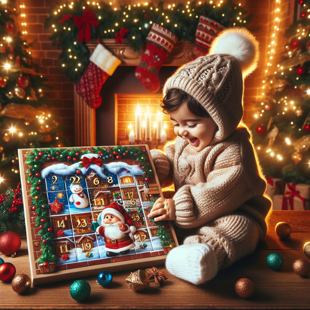 Un bébé ouvre un calendrier de l'Avent avec des décorations de Noël en arrière-plan.