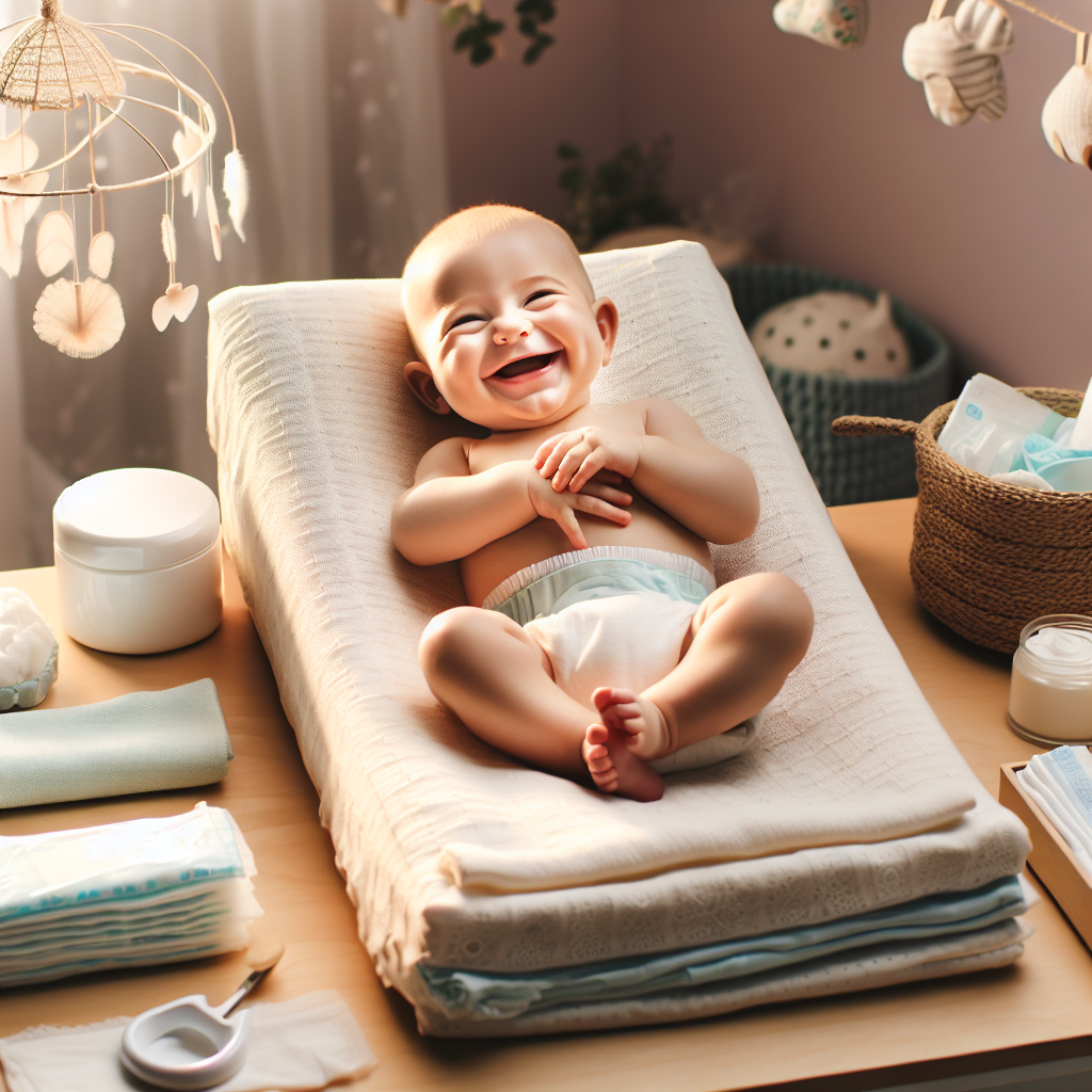 Un bébé heureux avec une couche propre sur une table à langer avec des articles essentiels à proximité.