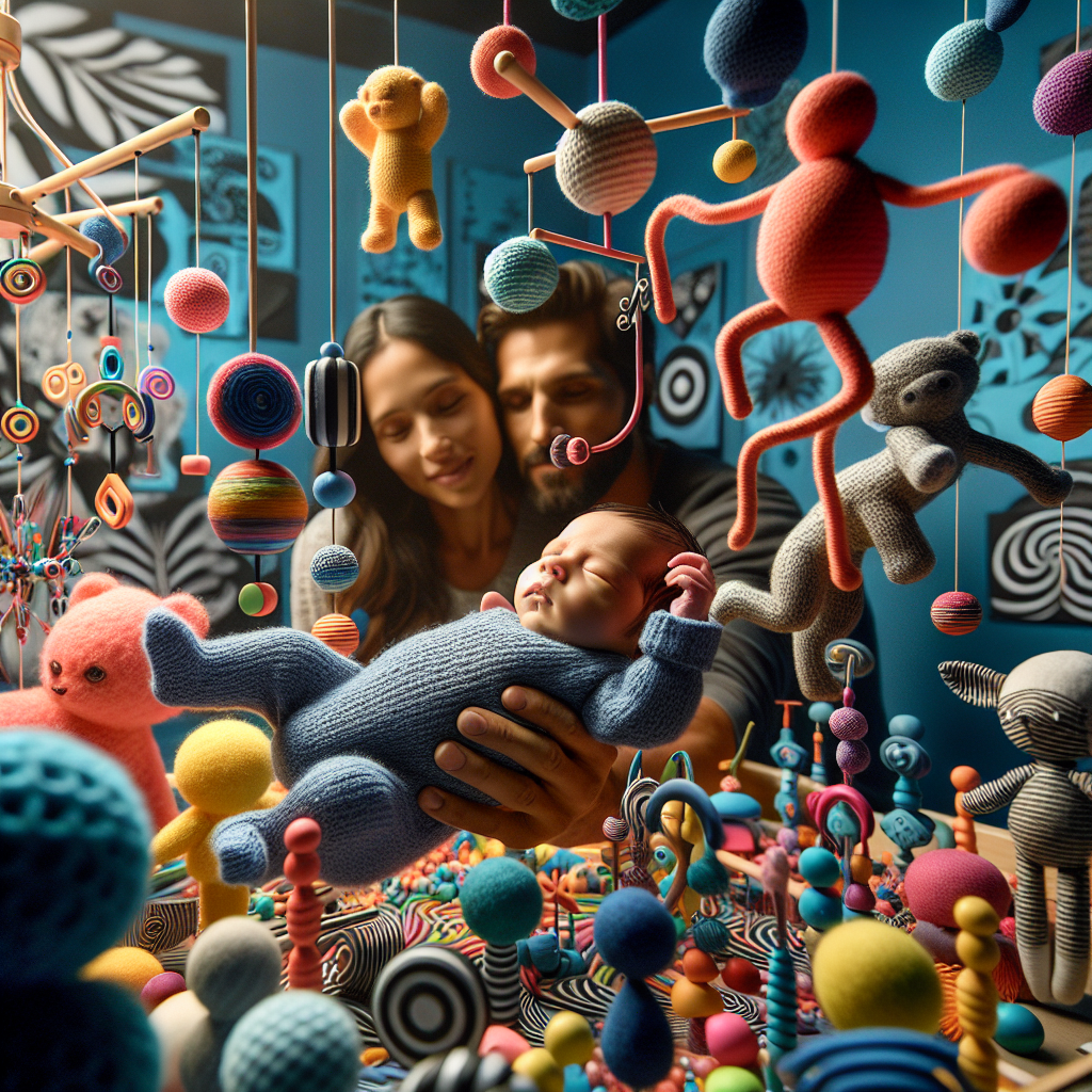 Un bébé nouveau-né explore un monde coloré, entouré de mobiles en noir et blanc, de jouets texturés vibrants, et de ses parents qui interagissent avec lui.