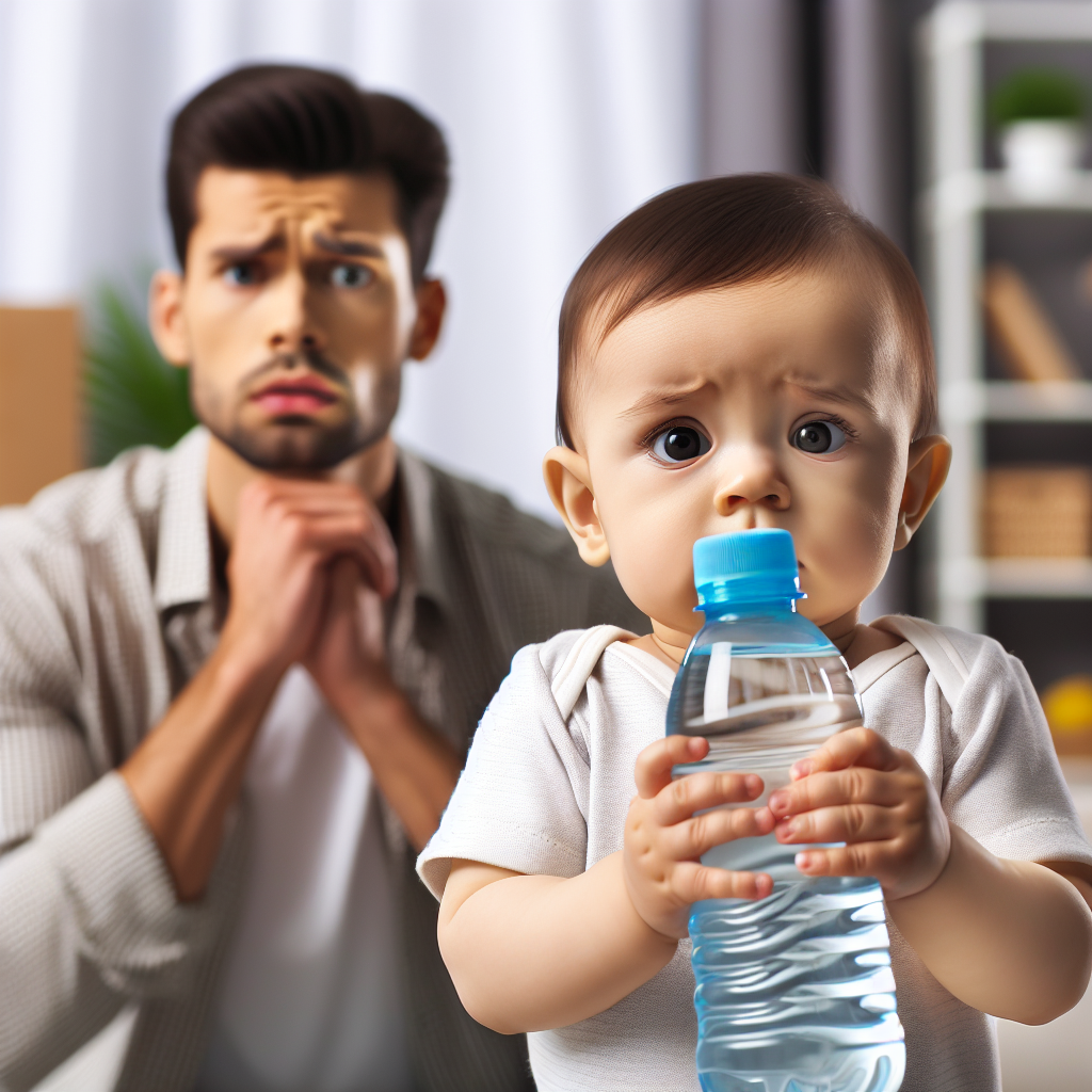 Un bébé avec un biberon d'eau, un parent inquiet regarde.