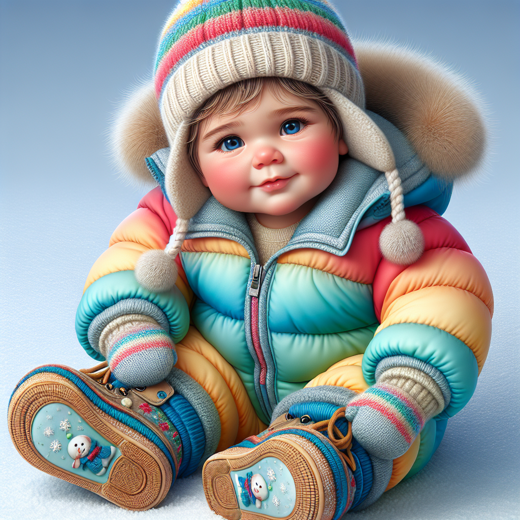 Un bébé bien habillé pour l'hiver avec un bonnet en laine et une combinaison rembourrée, assis dans la neige avec des chaussettes en laine visibles à l'intérieur de bottines confortables.