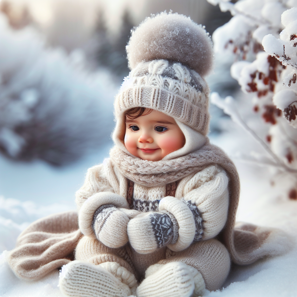 Un bébé habillé chaudement en hiver assis dans un environnement extérieur enneigé, avec un bonnet en laine, des moufles et une combinaison cosy.