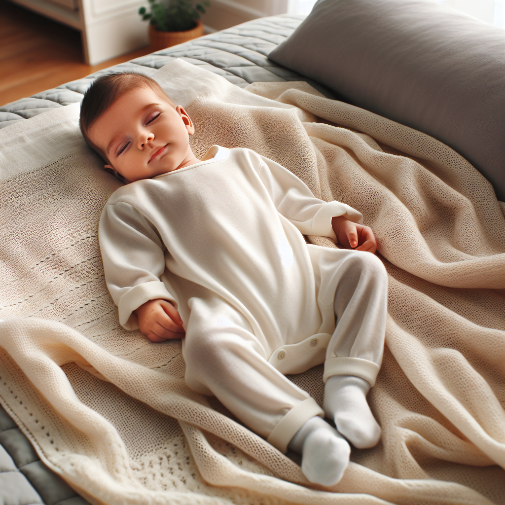 Un bébé portant un body en coton léger, couché confortablement sur une couverture douce dans une pièce à température contrôlée