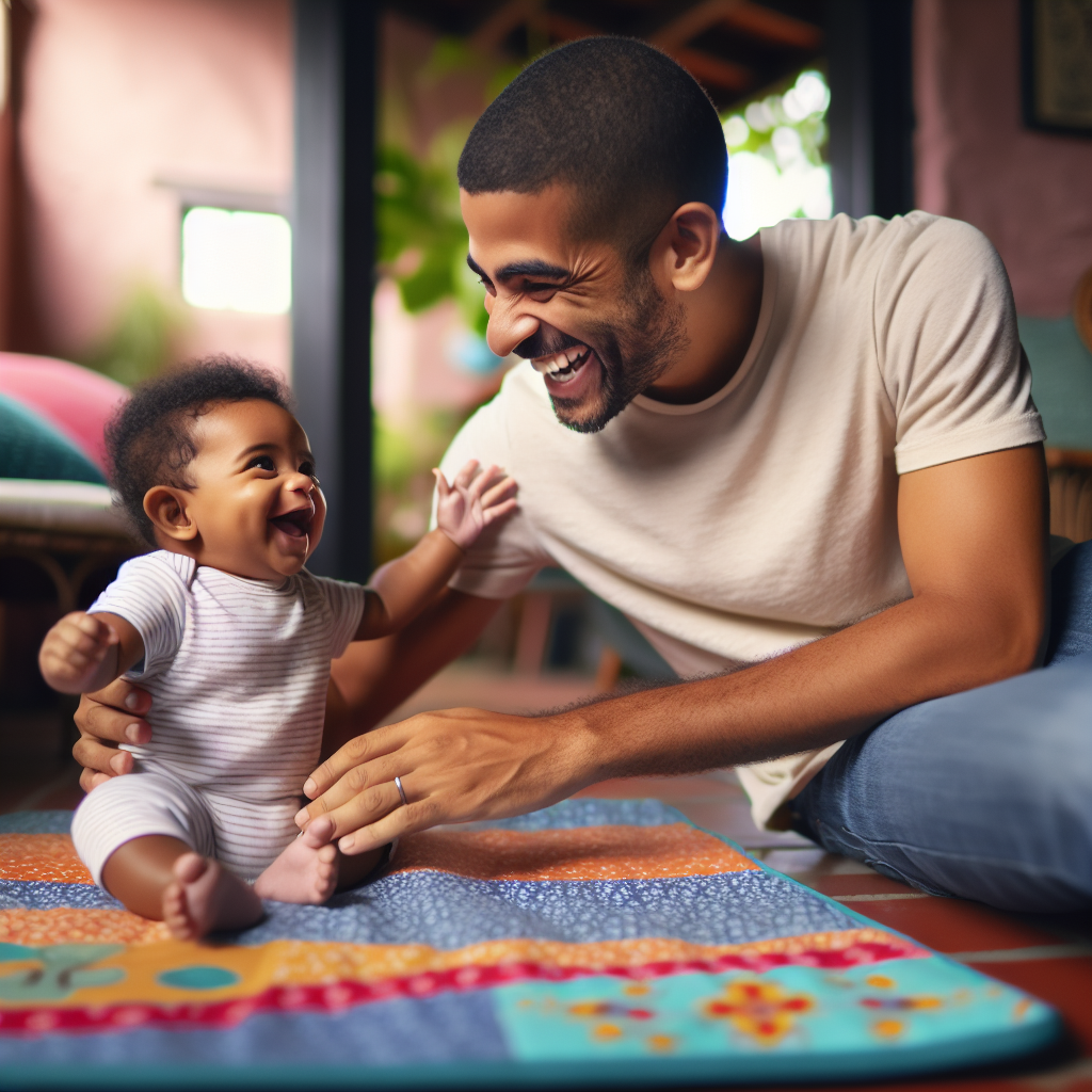 Un bébé assis sur un tapis de jeu coloré qui tend la main vers son père souriant.