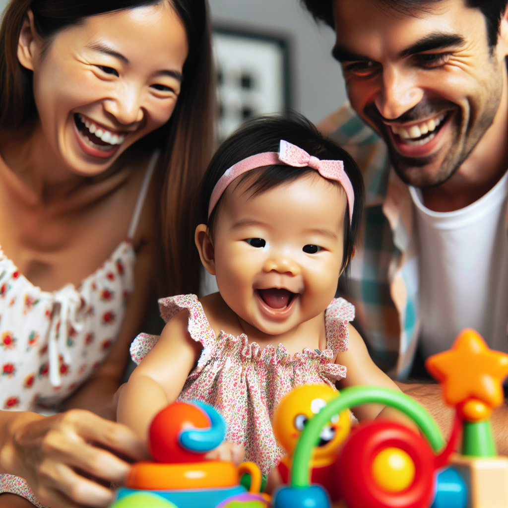 Bébé heureux jouant avec des jouets éducatifs colorés, entouré de parents joyeux.