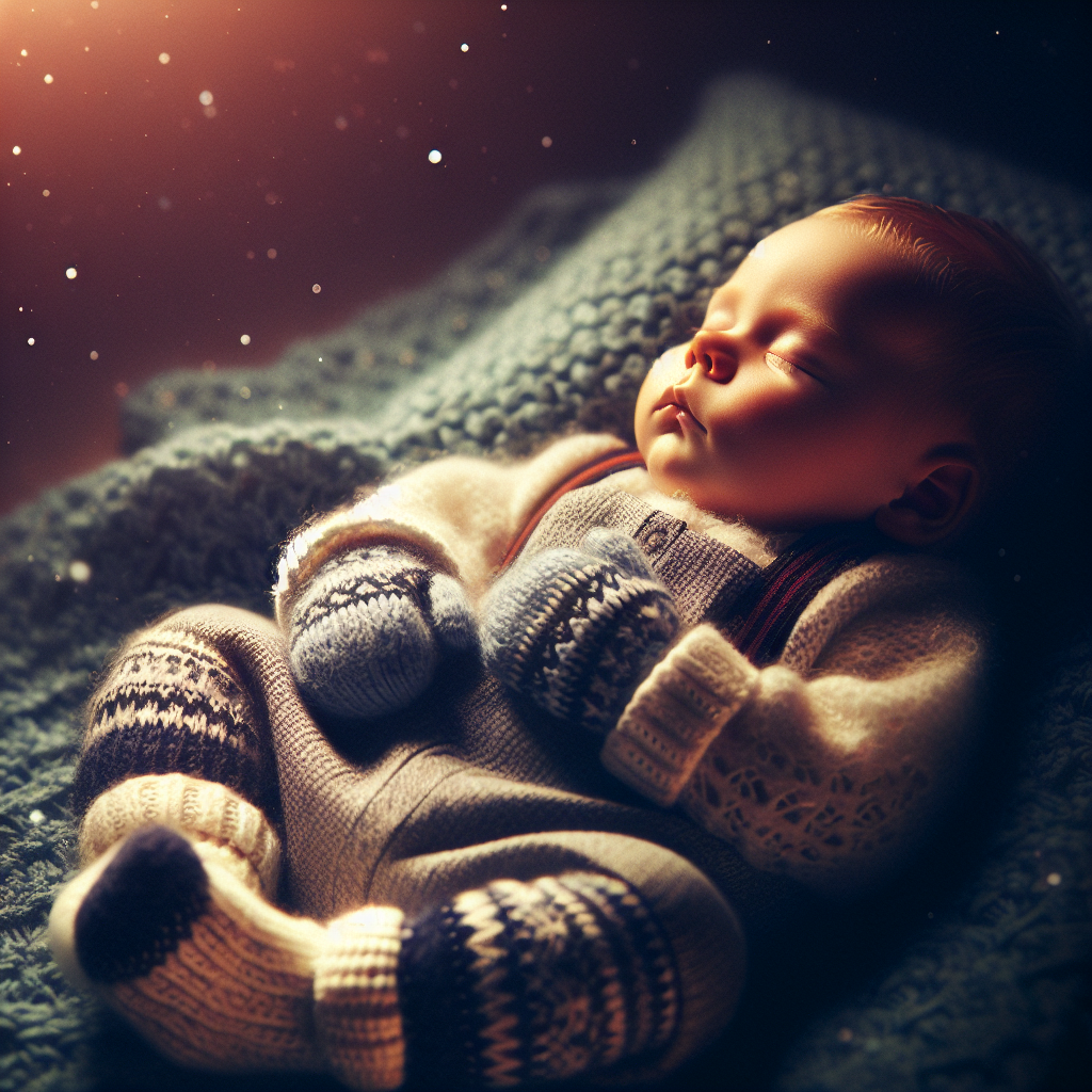 Bébé dormant paisiblement la nuit avec des chaussettes et des mitaines, en gros plan sur les mains et les pieds.