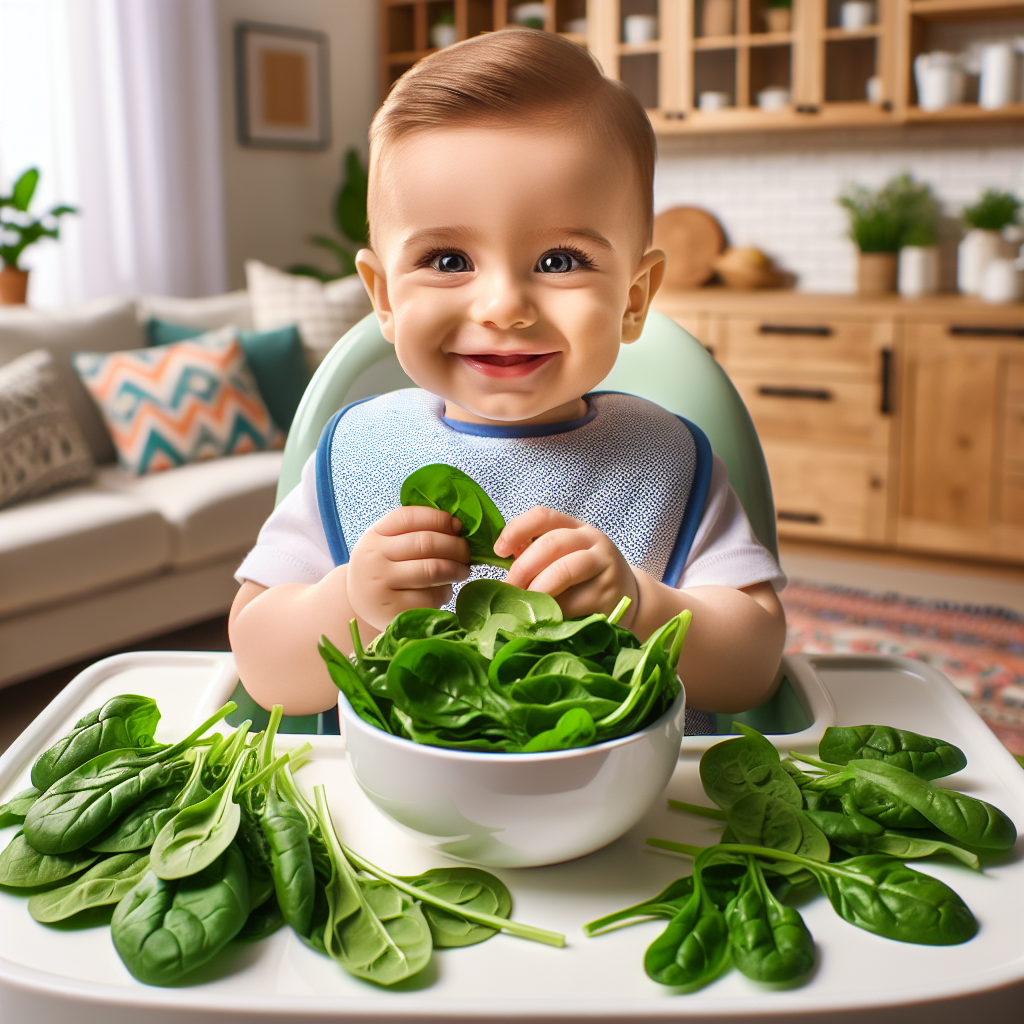 Un bébé souriant assis dans une chaise haute, mangeant un bol d'épinards avec des feuilles d'épinards fraîches autour, dans une cuisine lumineuse et chaleureuse.