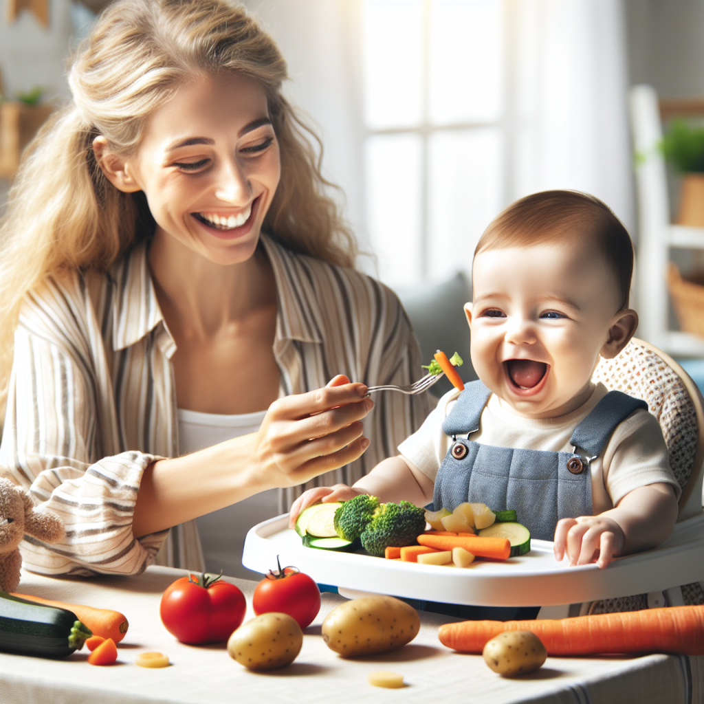 Un bébé heureux mange un mélange coloré de légumes avec une jeune mère souriante