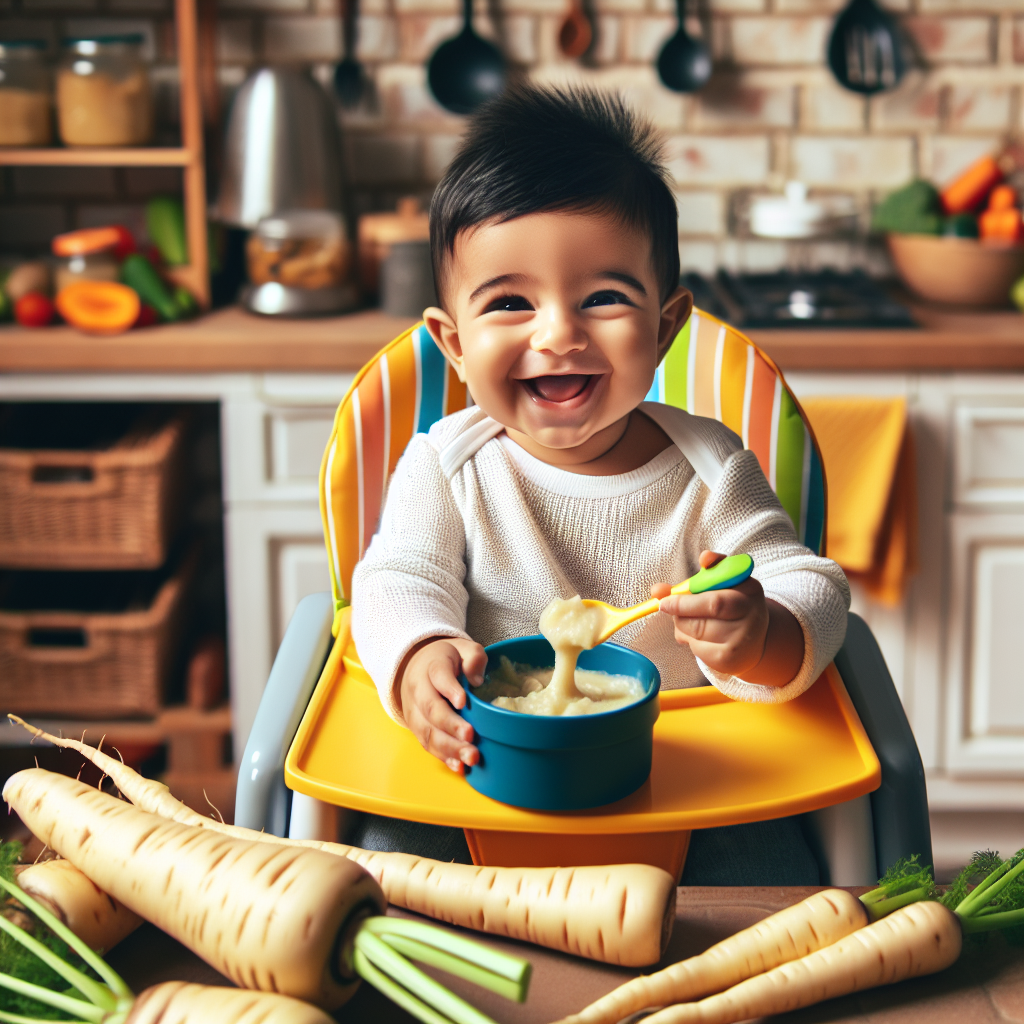 Bébé heureux mangeant une purée crémeuse de panais dans une chaise haute colorée, entouré de panais frais et d'autres légumes dans une cuisine confortable.