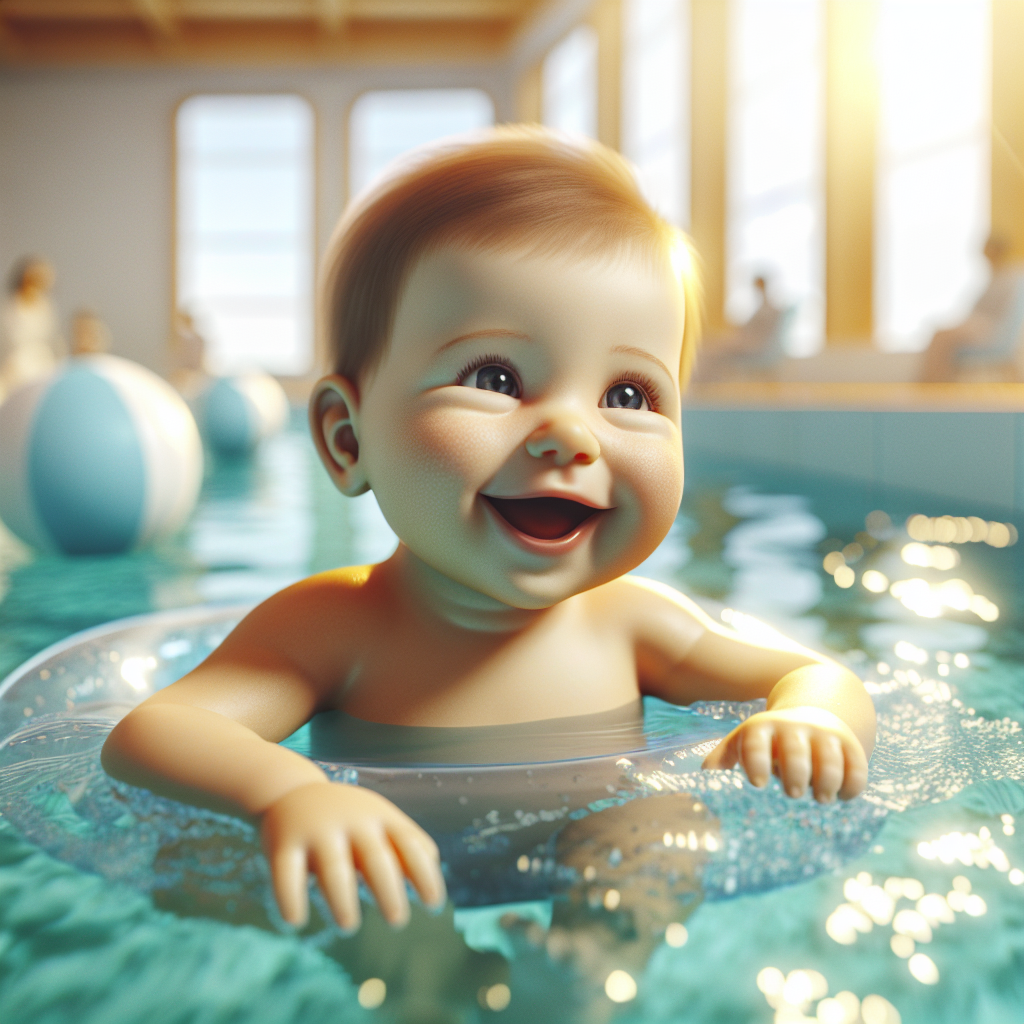 Un bébé de 3 mois nageant joyeusement dans une piscine, l'eau est chaude et l'environnement est adapté aux bébés.