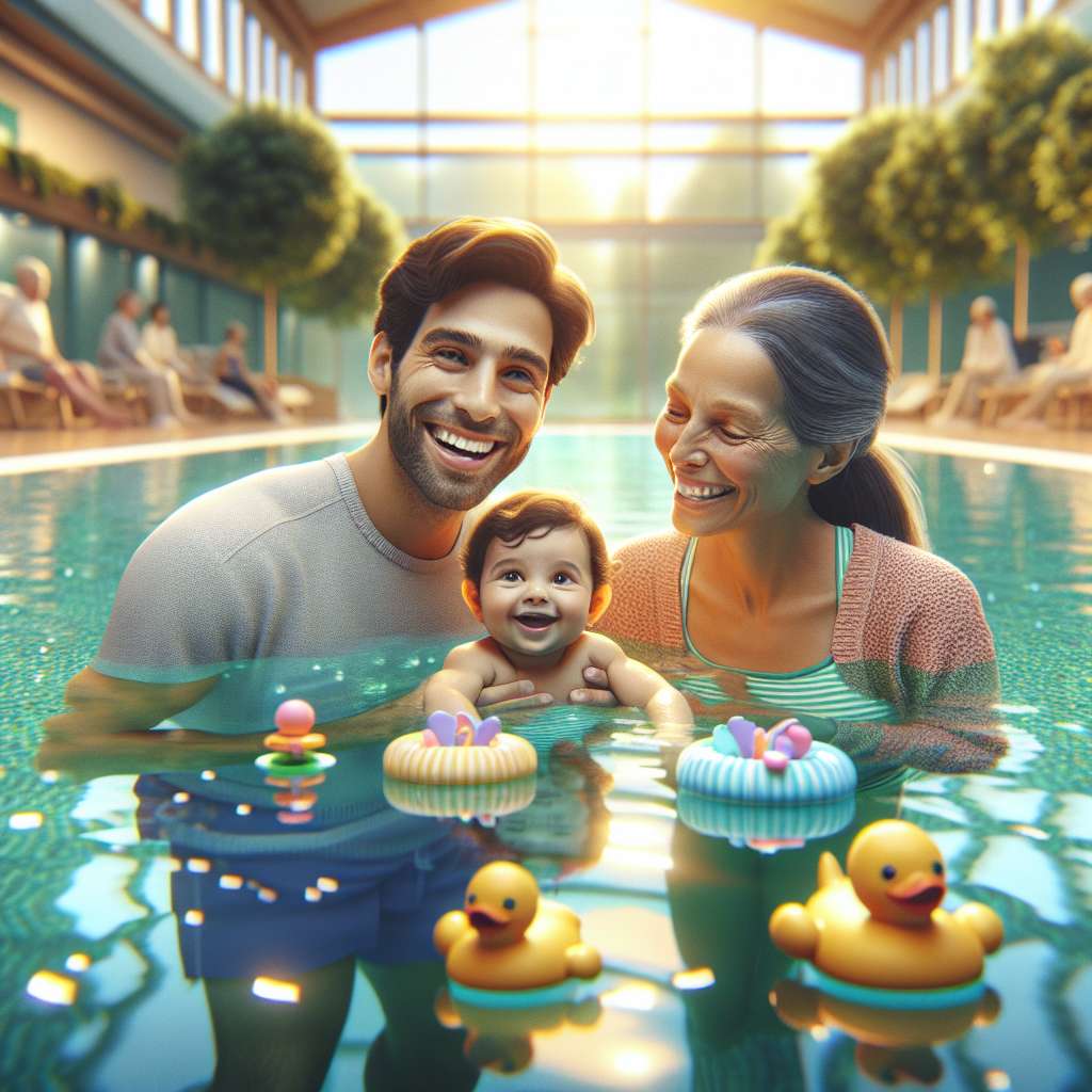 Bébé et parents heureux participant à un cours de bébé nageur dans une piscine intérieure