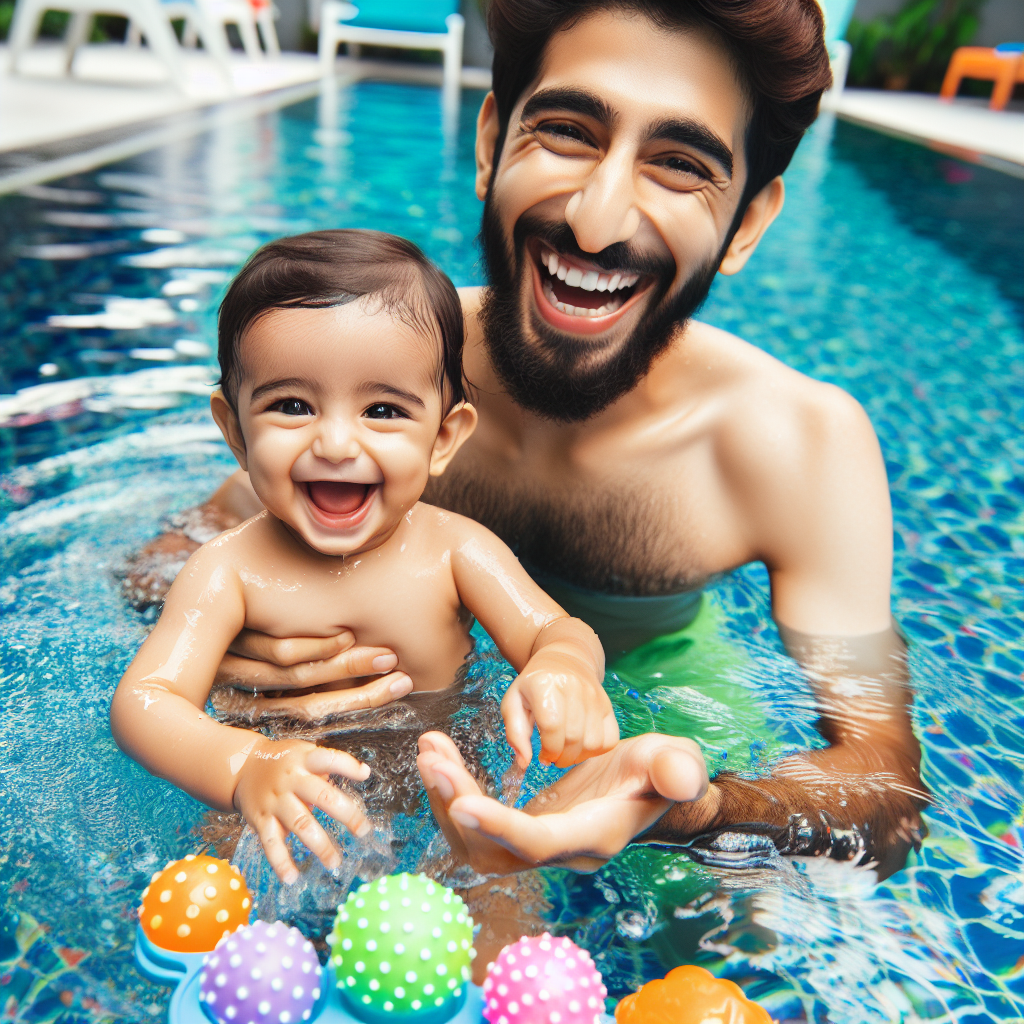 Un bébé adorable dans une piscine avec des jouets flottants colorés, accompagné par un parent souriant.