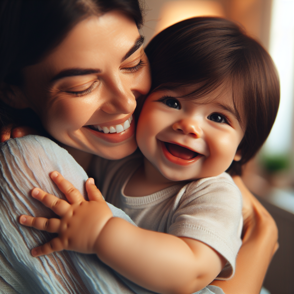 Un bébé de 10 à 12 mois fait un câlin à son parent, montrant de l'affection et renforçant leur lien spécial.