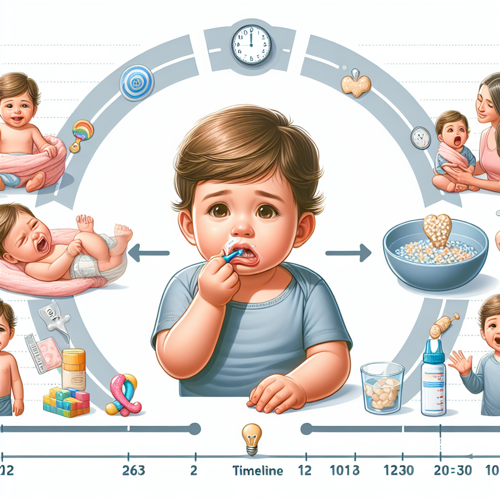 Un bébé passant par les différentes phases de poussées dentaires, d'environ 6 mois à 2 ans, avec des jouets de dentition et un parent réconfortant.