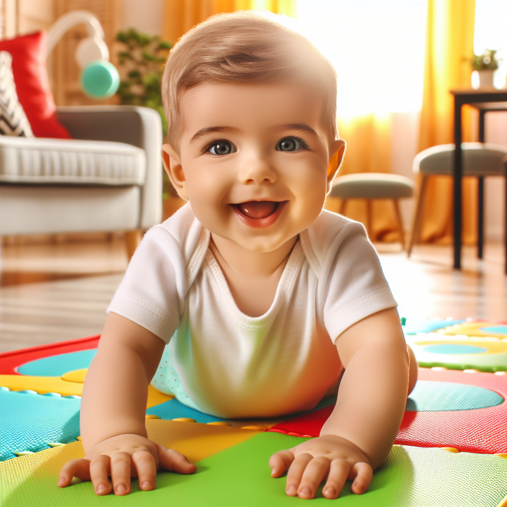 Un bébé qui rampe sur un tapis de jeu coloré dans un salon lumineux.