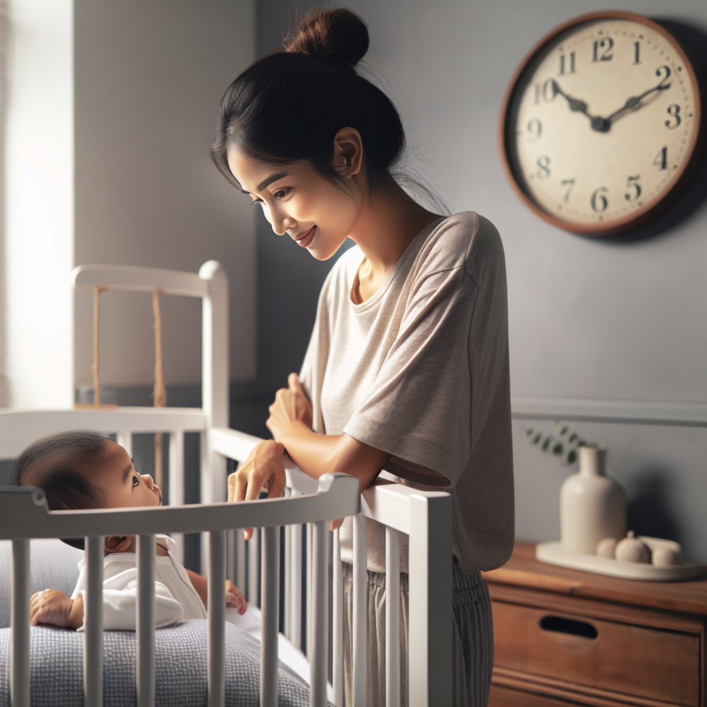 Une jeune mère regardant un bébé dans un berceau avec une horloge montrant 5h30 du matin en arrière-plan