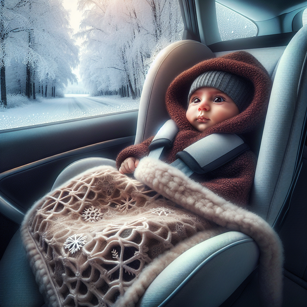 Un bébé confortablement installé dans un siège auto avec une couverture spéciale pour l'hiver, montrant clairement les ceintures de sécurité attachées. L'extérieur suggère une journée hivernale avec de la neige visible par la fenêtre de la voiture.