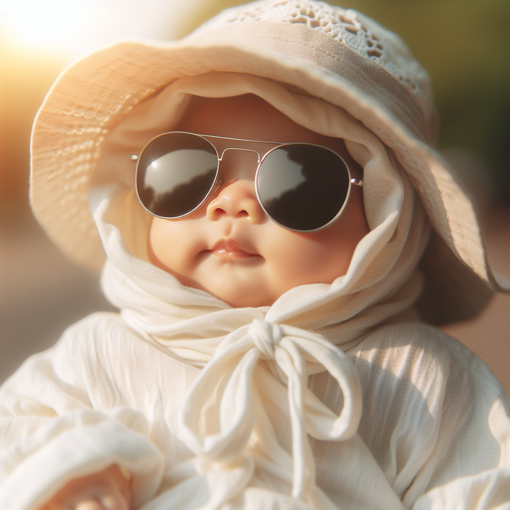 Un bébé habillé en coton léger portant un chapeau à larges bords et des lunettes de soleil, semblant confortable et en sécurité sous le soleil.