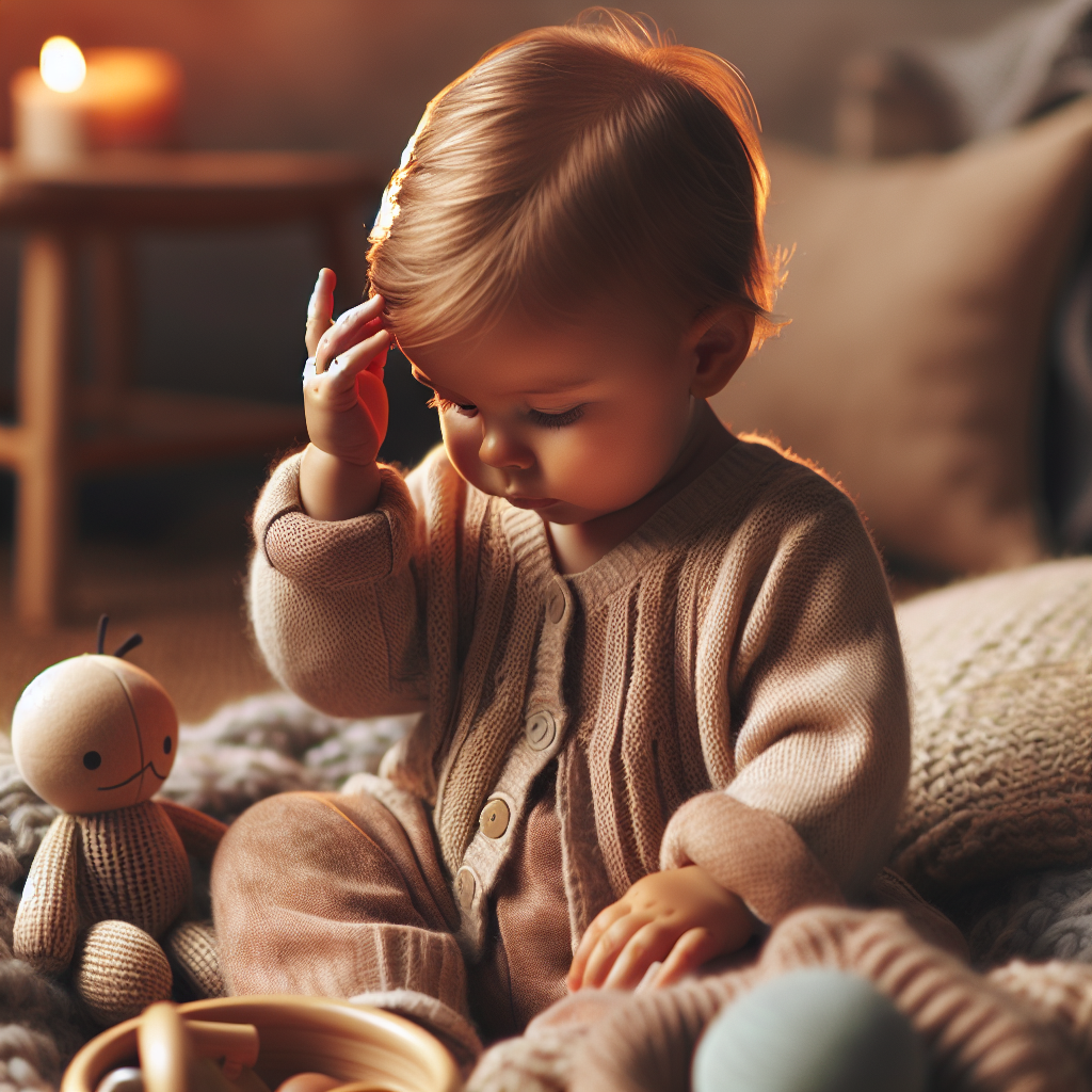 Un bébé qui se tapote doucement la tête avec sa main en étant assis confortablement.