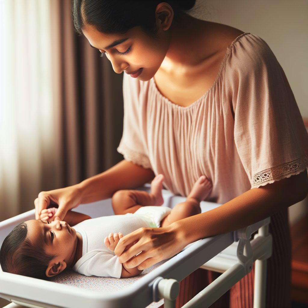 Un parent change son bébé en toute sécurité sur une table à langer, gardant une main sur le bébé pour éviter qu'il ne tombe.