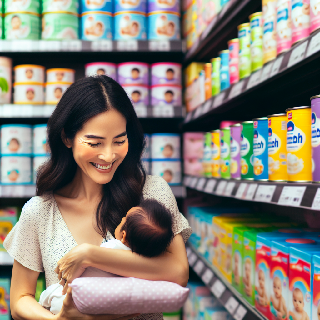 Une maman choisissant entre différentes formules de lait pour bébé dans un magasin, sourire aux lèvres.