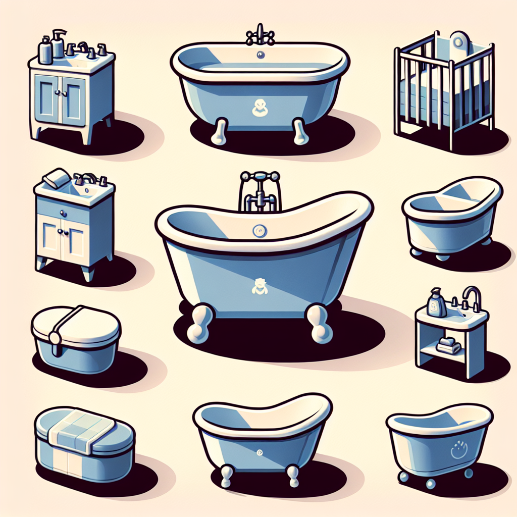 Différents types de baignoires pour bébé dans une salle de bain, chacune montrant confort et sécurité.