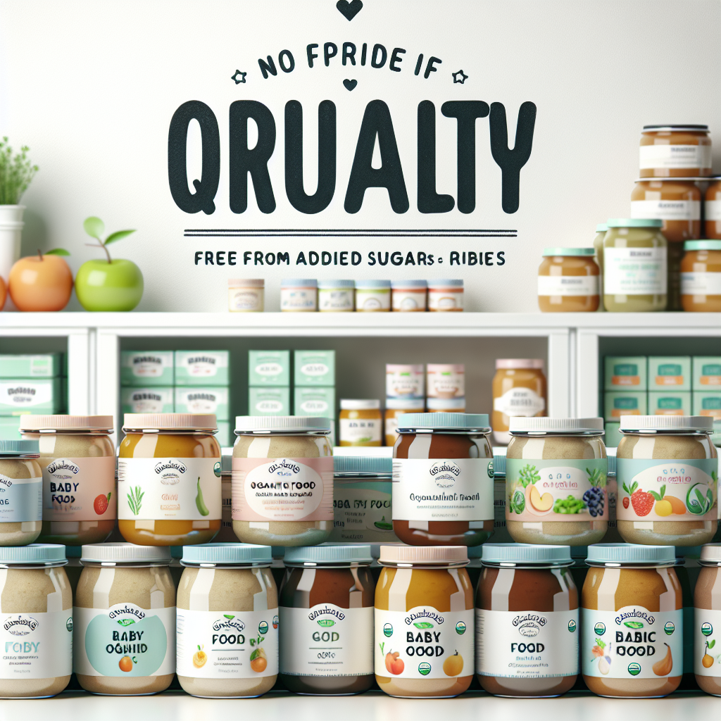 Jars of baby food from Hipp, Blédina, and Good Goût brands on a shelf, indicating organic and no added sugars products in a clean parapharmacy setting.