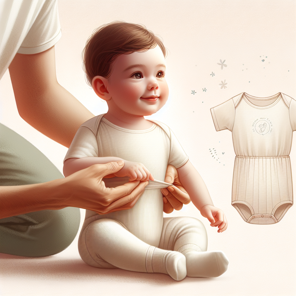 Un bébé portant un body en coton doux à manches courtes, avec des vêtements confortables en coton et des leggings souples, sans textiles synthétiques, et un parent ajoutant des couches de vêtements.