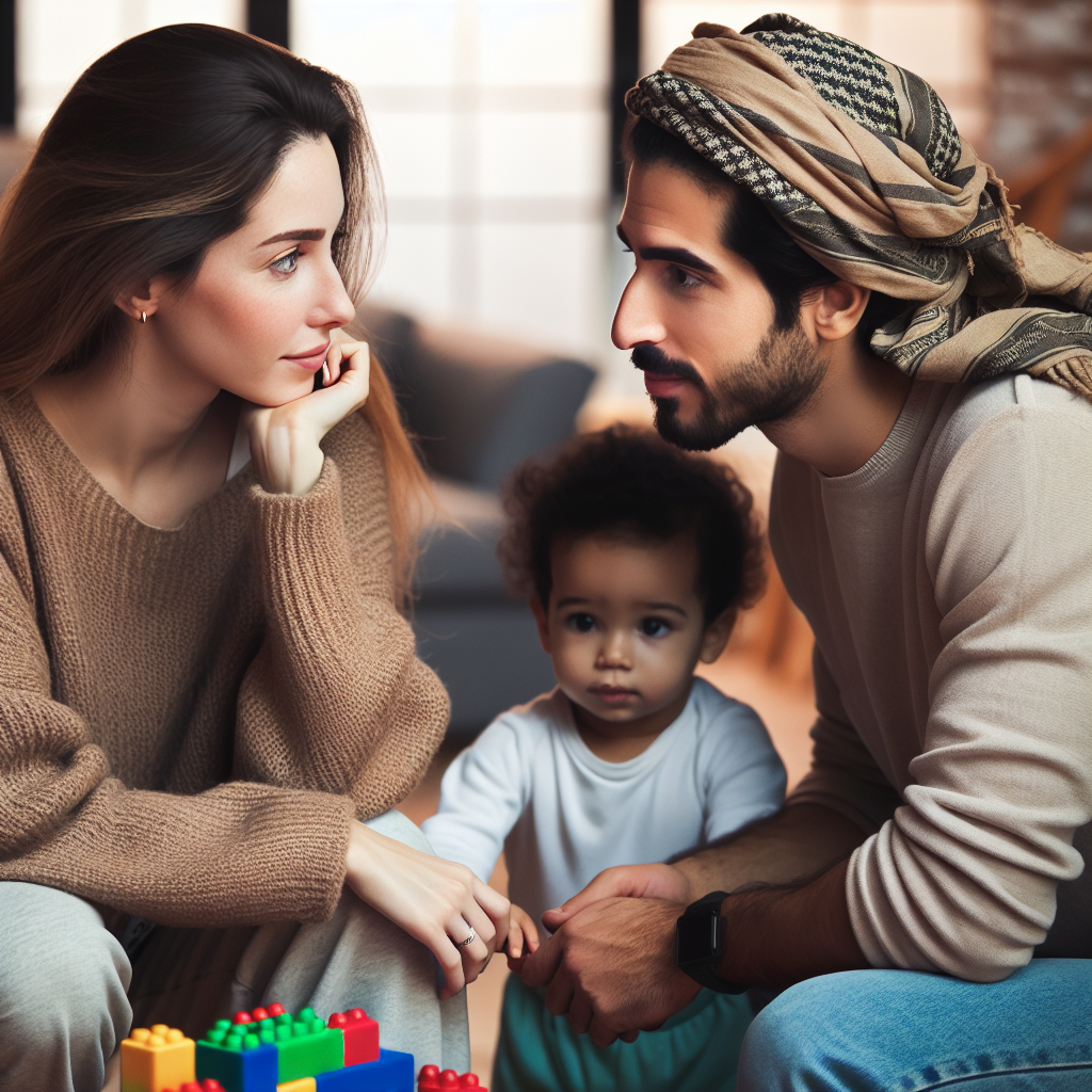 Jeune couple discutant d'avoir un deuxième enfant avec un tout-petit jouant en arrière-plan.