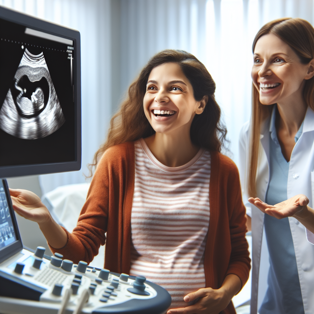 Femme enceinte souriante regardant une échographie