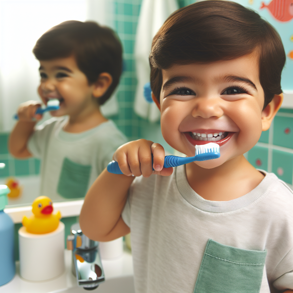 Un enfant de 3 ans se brossant les dents avec un dentifrice adapté pour enfants dans une salle de bain lumineuse et joyeuse.